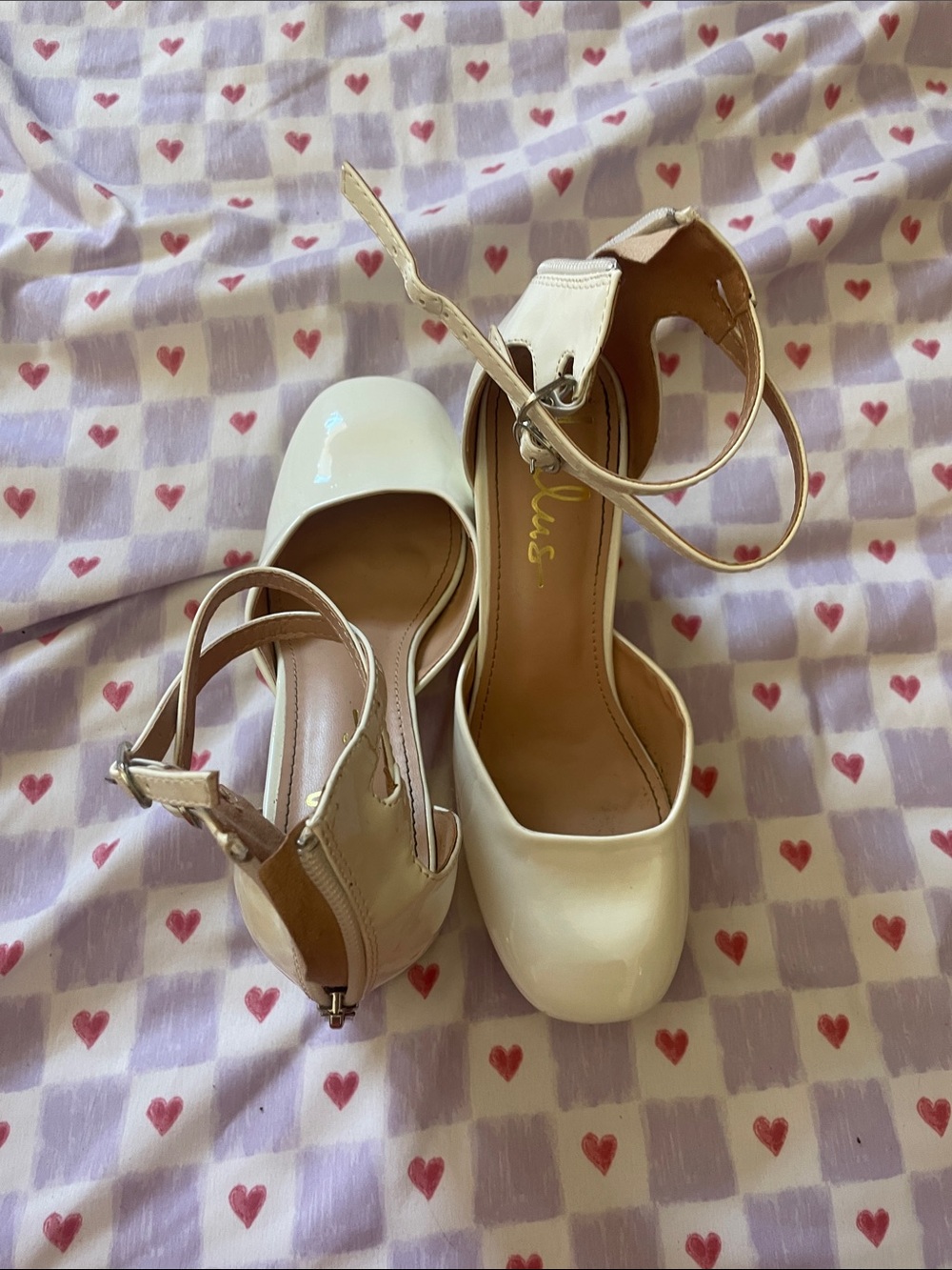 Lulu's Ivory Patent Ankle-Strap Platform Heels